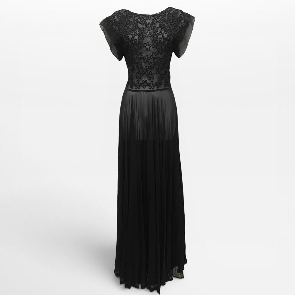 Vintage 1930s Black Chiffon Soutache Evening Gown Sheer Flutter Sleeve Dress - Picture 4 of 11